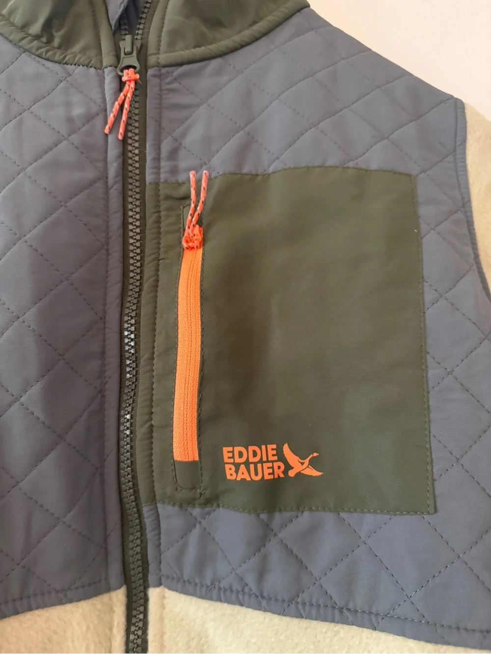 Eddie Bauer Beige Fleece Jacket with Olive and Gray Panels